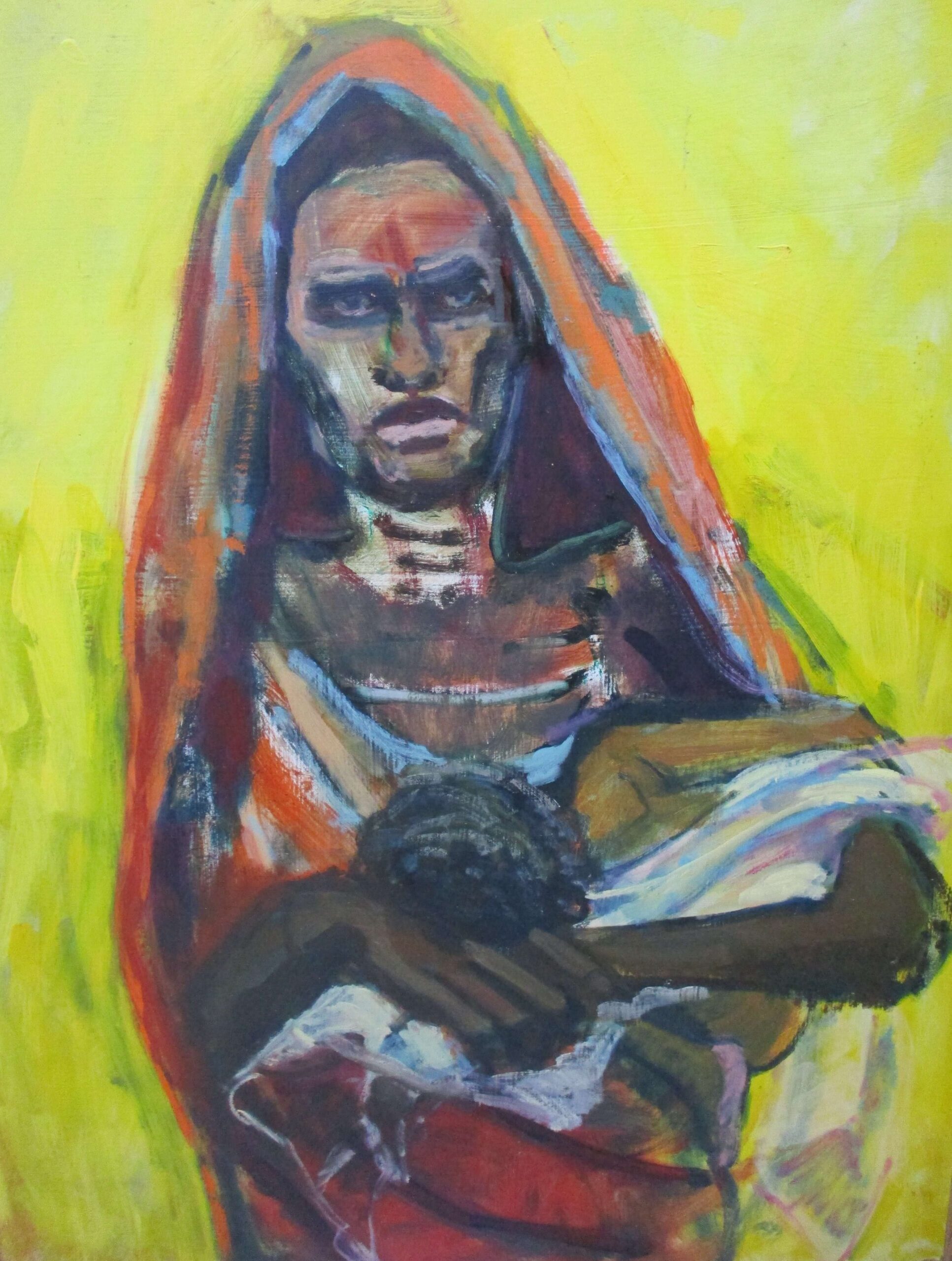 Mother and Child on Masonite, Oil on Canvas - Figurative